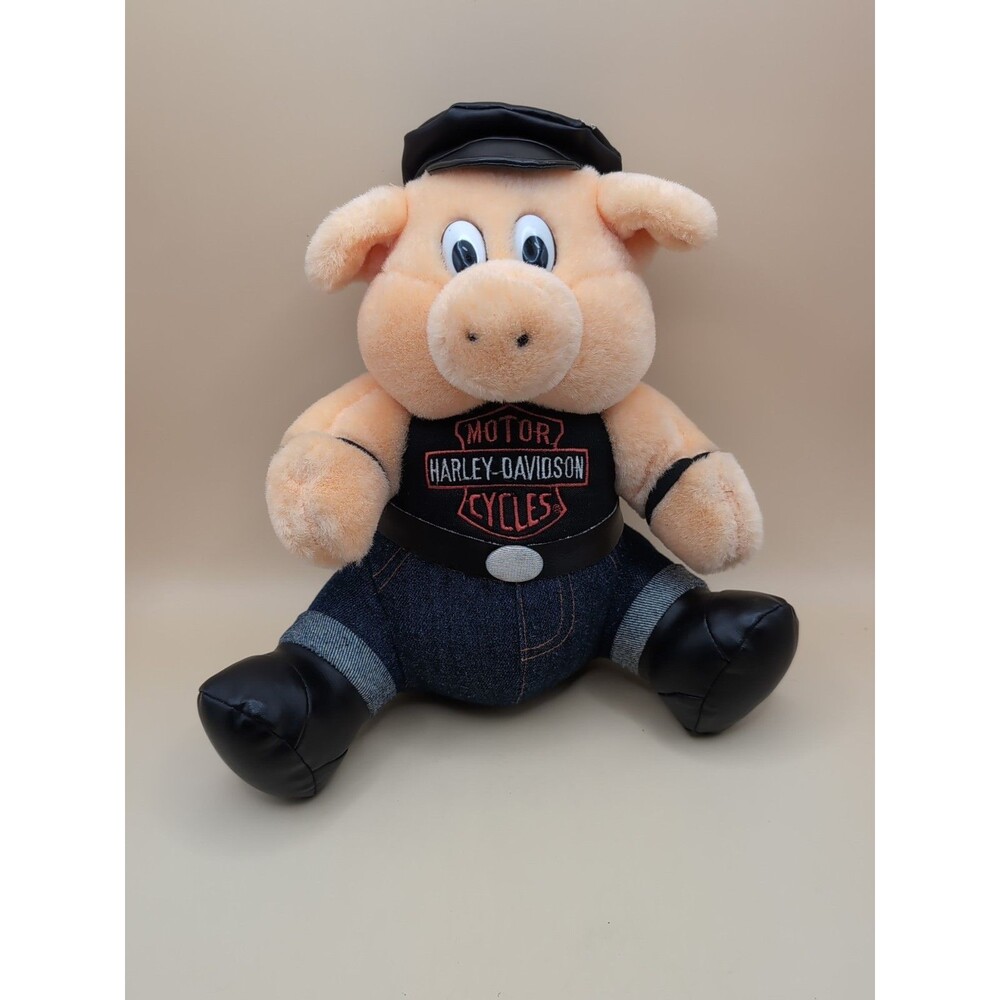 Vintage Harley Davidson Plush Pig Hog Biker Stuffed Animal Hat Denim Jeans Vest